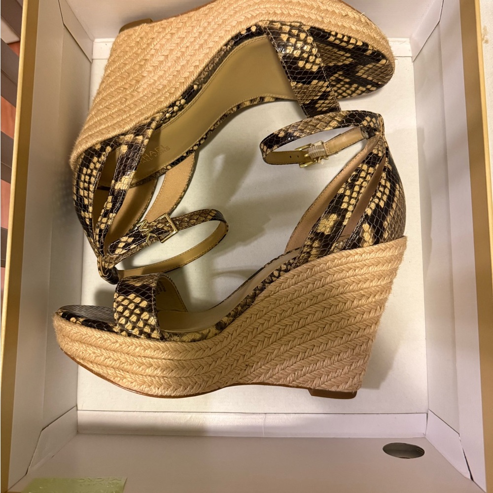 Michael Kors Black and Tan Snakeskin Wedges